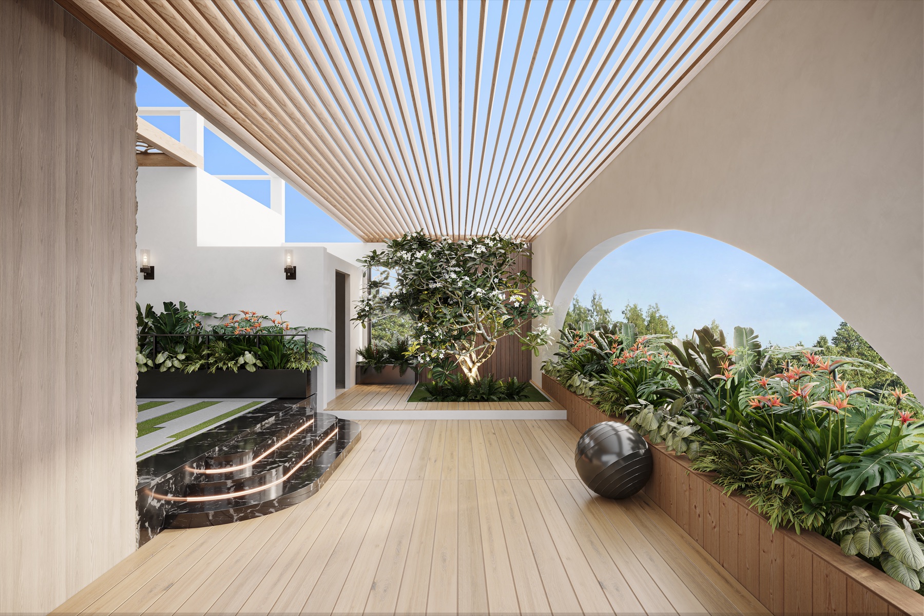 Rooftop garden and water feature render